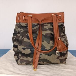 Gi.l.i. Camo Canvas Drawstring Tote With Leather Trim